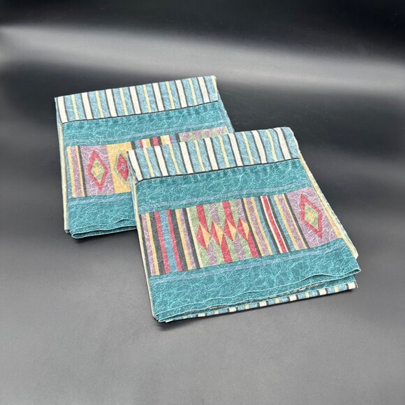 Vintage King Pillowcases 1990s Set Of Two JCPenney USA Tribal Green Stripe Retro - Picture 1 of 7